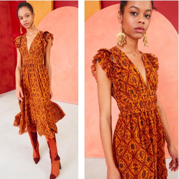 Ulla Johnson Dresses & Skirts - Ulla Johnson 0 Anika Printed Midi Silk Dress Burnt Orange Ochre
